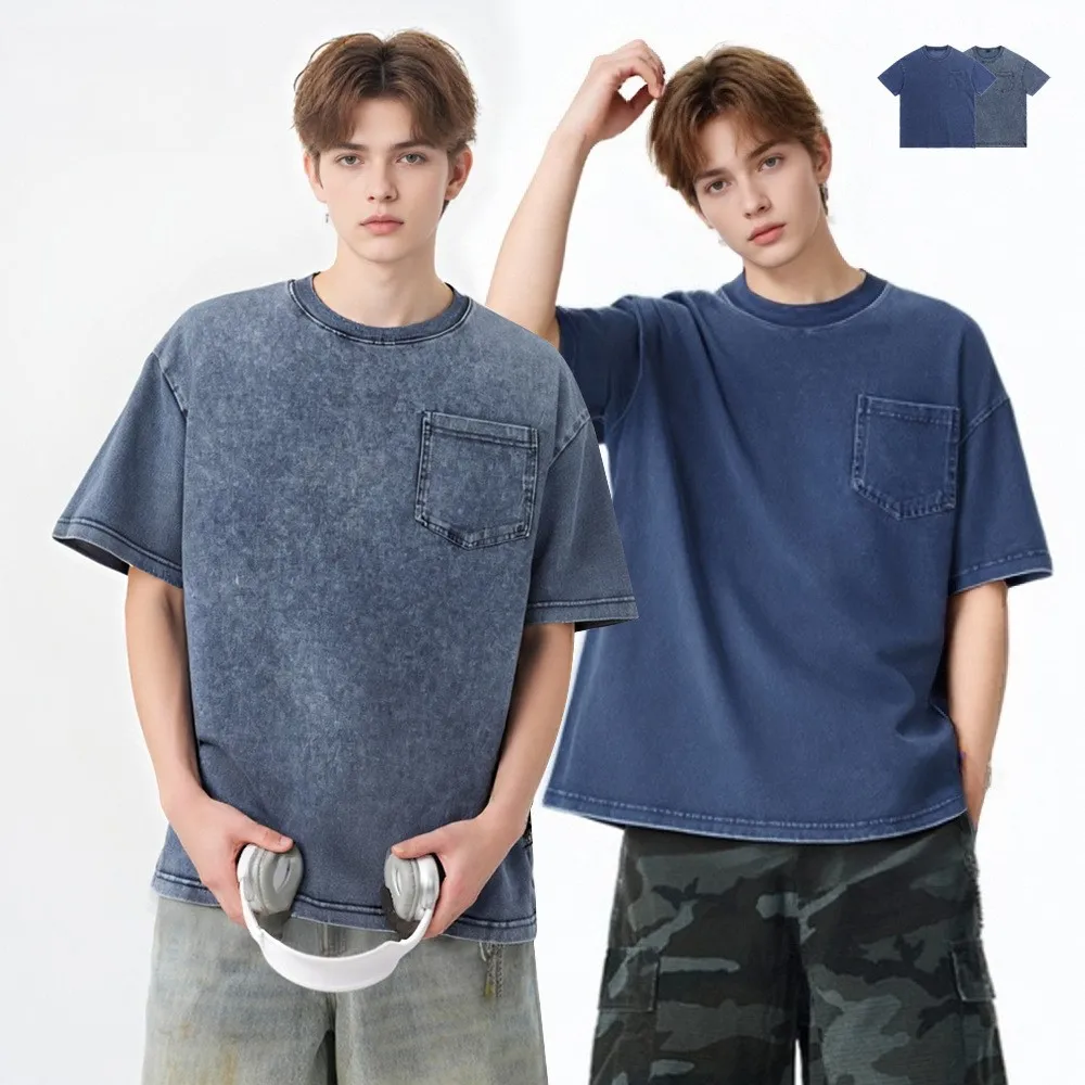 

Men's Heavyweight 240g Washed Cotton Short Sleeve T-Shirt, Vintage Denim Style Pocket Tee, American Retro Casual Oversized Top