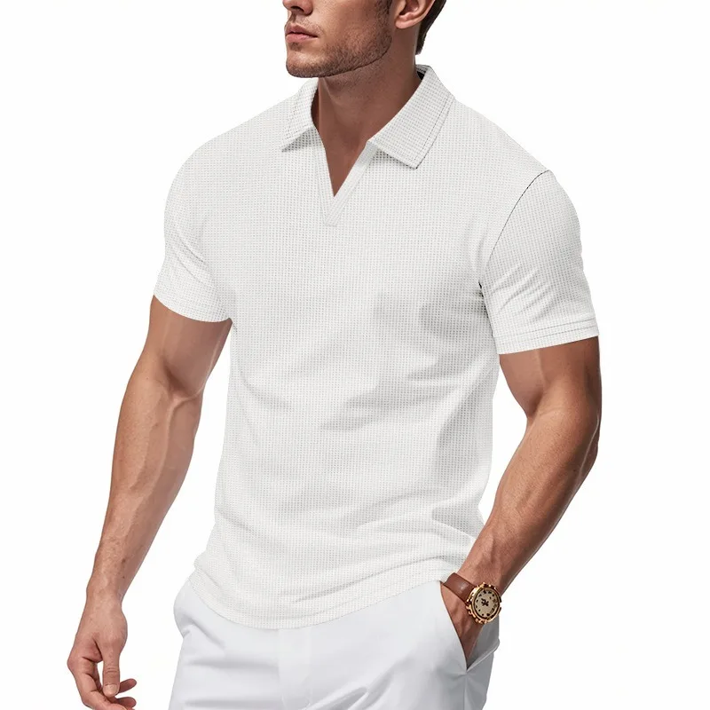 Men's Waffle Knit Polo Shirt V Notch Collar Short Sleeve Slim Fit Casual Textured Tee Summer Daily Business TopsS-3XL