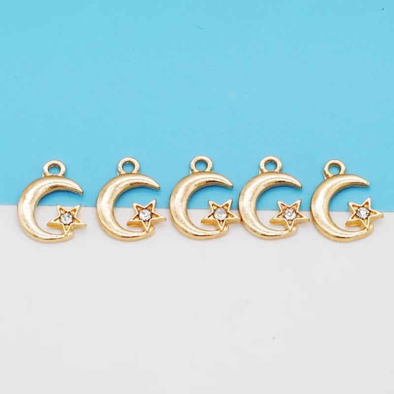 30PCS/Lot New Fashion Jewelry KC Gold Color Tone Moon&Star With Rhinestone Charm For DIY Jewelry Making Earring Accessories