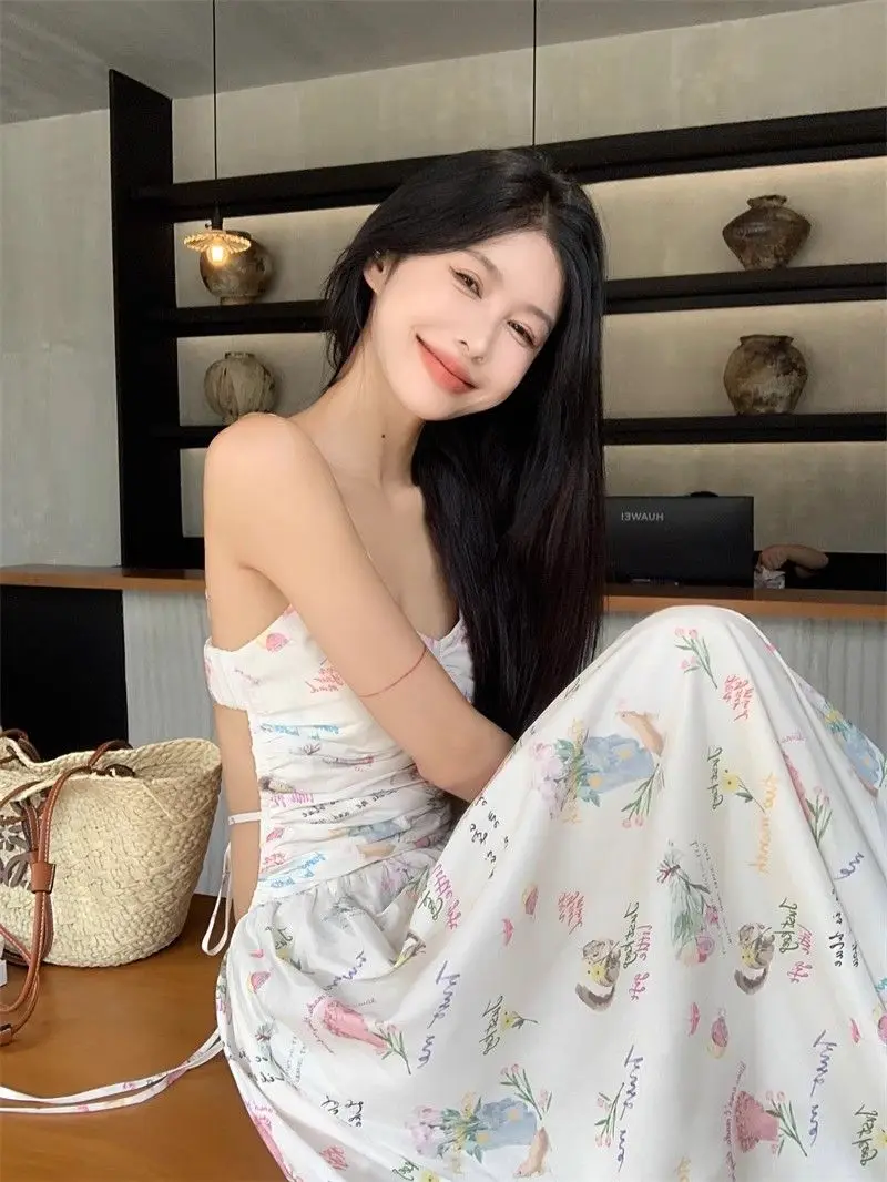 Vestido con tirantes florales sin espalda estilo vacaciones sexy nuevo estilo cintura alta cuello en V delgado