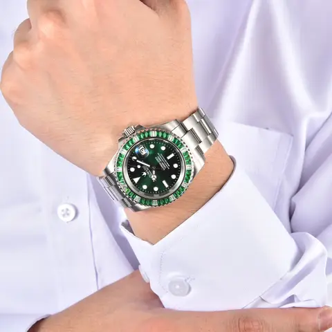 40mm Gem Diving Watch NH35 Movement waterproof sapphire glass luxury Men's NH35 Watch stainless steel strap blue green luminous