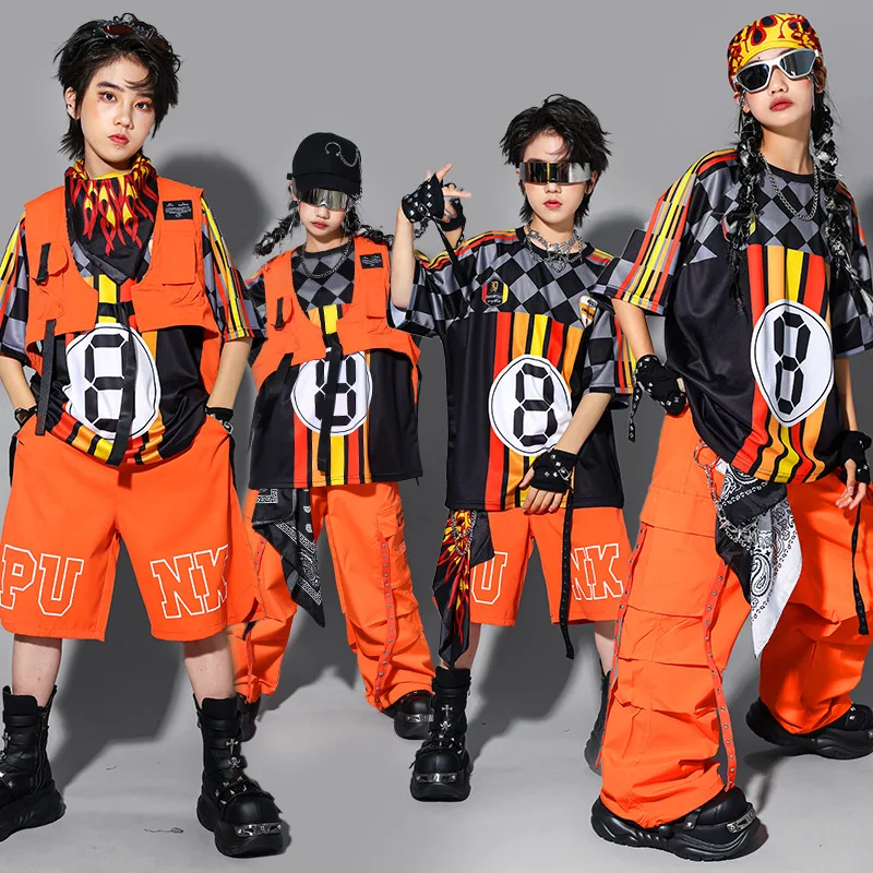 Ragazzi Hip Hop Moda K-pop Top a righe Pantaloni cargo arancioni Ragazze Pantaloncini da ballo di strada Abiti Gruppo Streetwear Set di vestiti jazz