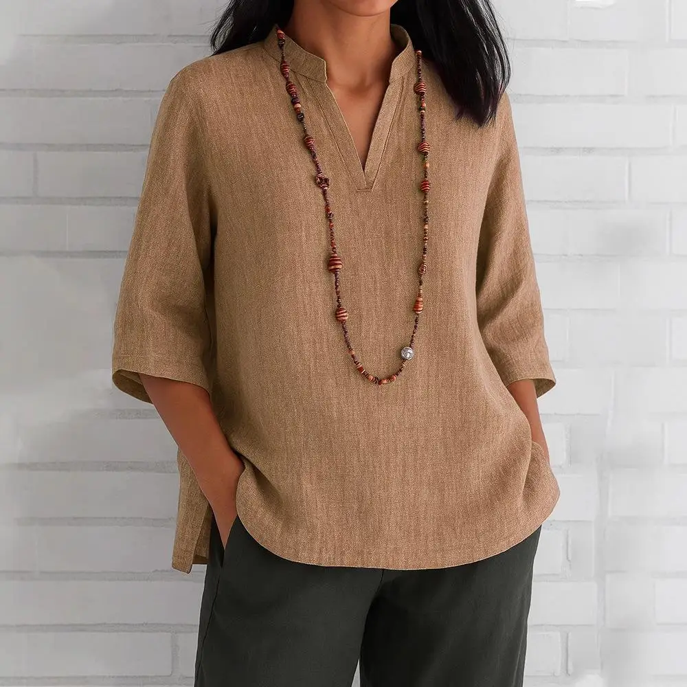 ياقة نسائية سبعة أرباع Sved قطن كتان irt Commute Sle فضفاض مناسب نسيج البوليستر سبعة Sve ربيع طويل irt #4