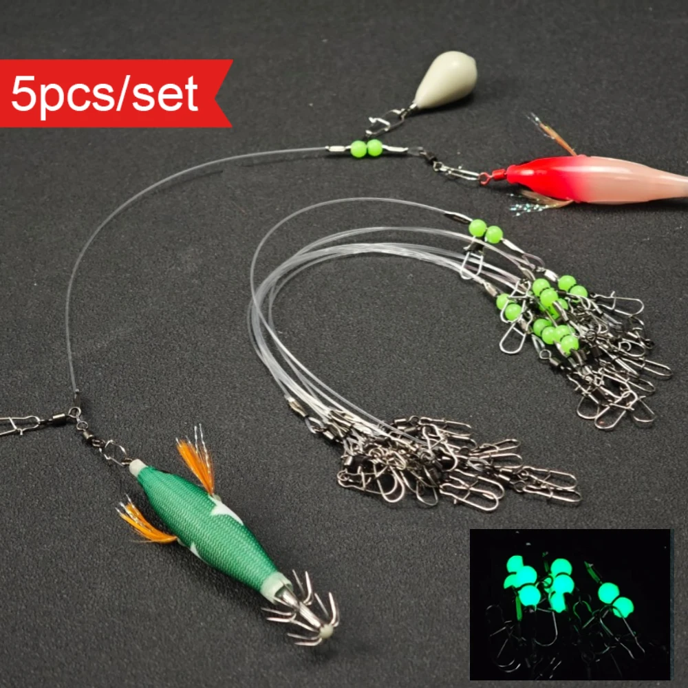5 pièces de ligne de pêche 20 cm anti-emmêlement avec perles lumineuses et connecteur pivotant pour montage de pêche au calmar et au pieuvre