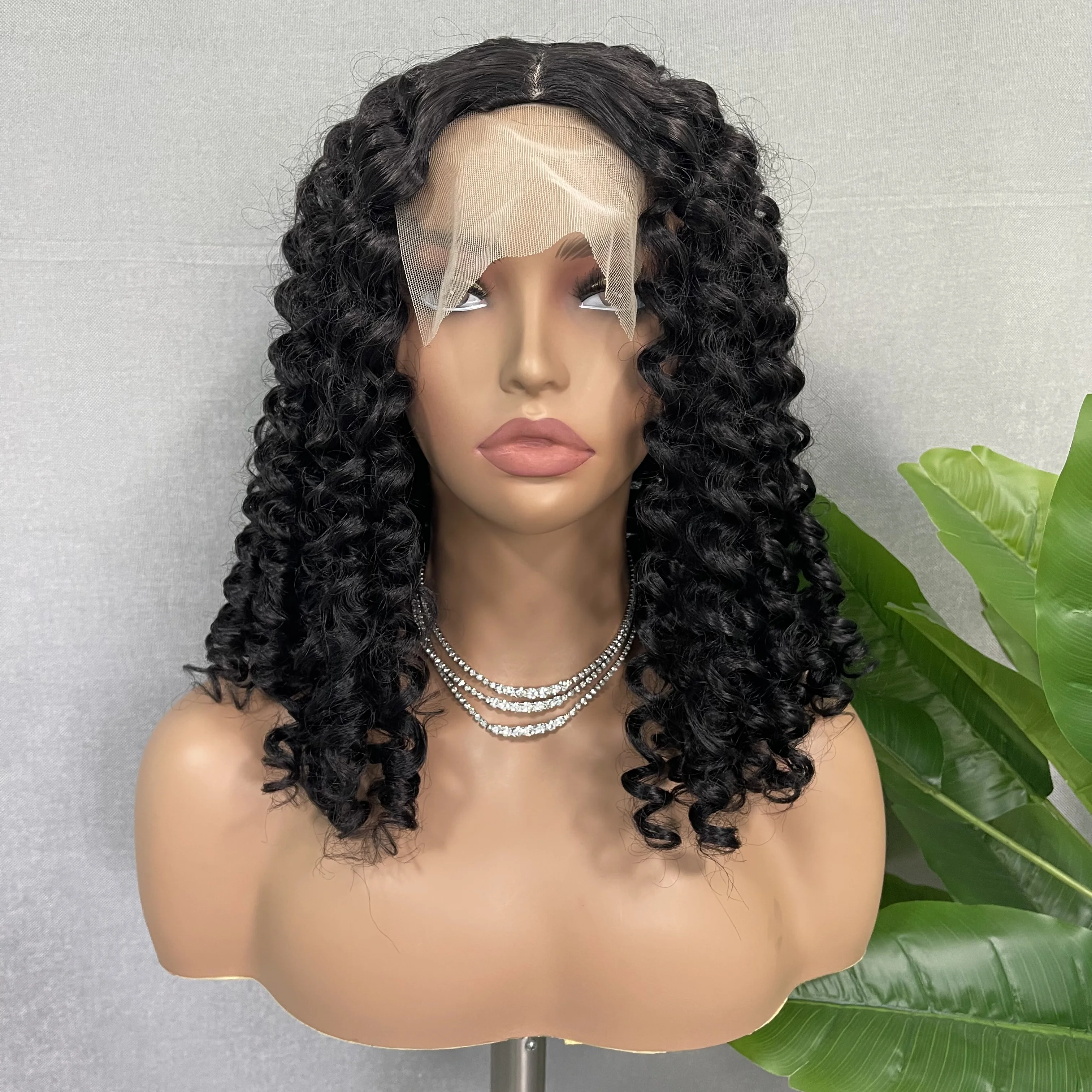 

X-TRESS Natural Black Deep Curly Wig Middle Part Wigs Natural Synthetic Machine Wig For Black Women Daily Party Heat Resistant