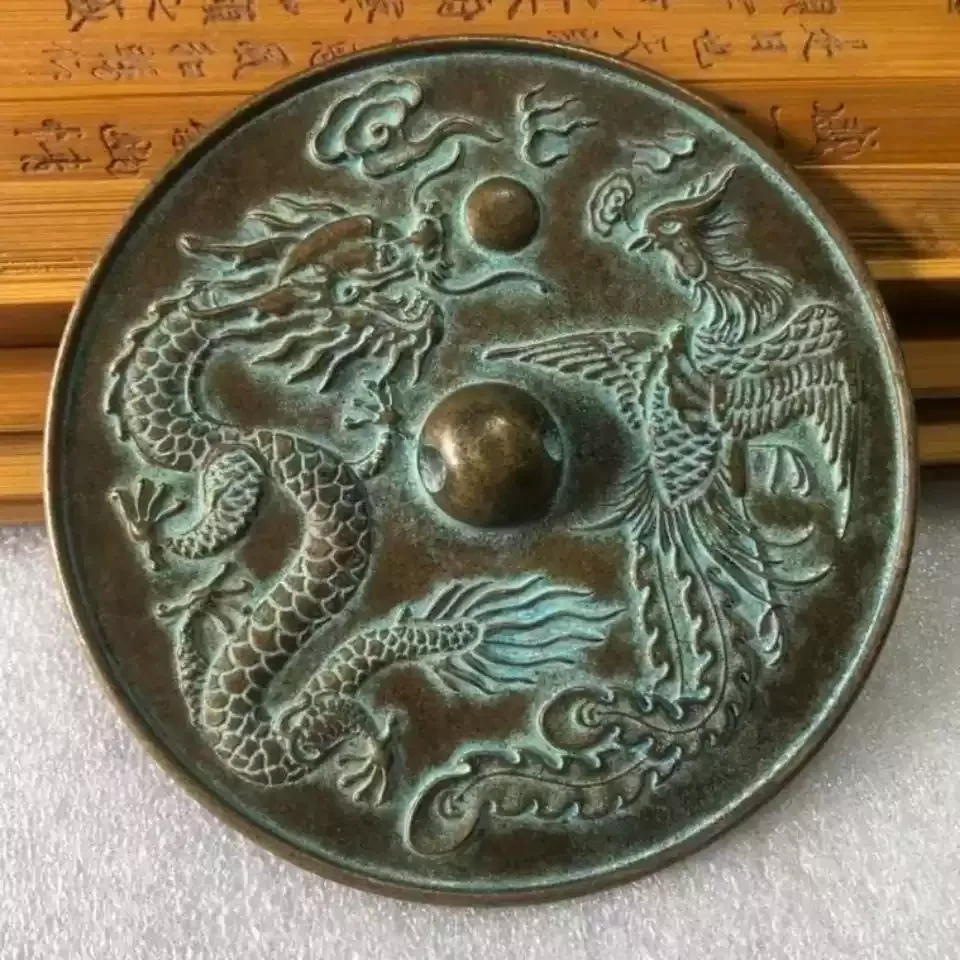 Vintage Chinese Bronze Dragon Phoenix Mirror Relief Carved Auspicious Copper Mirror Old Curio Desktop Ornament Collectible Decor