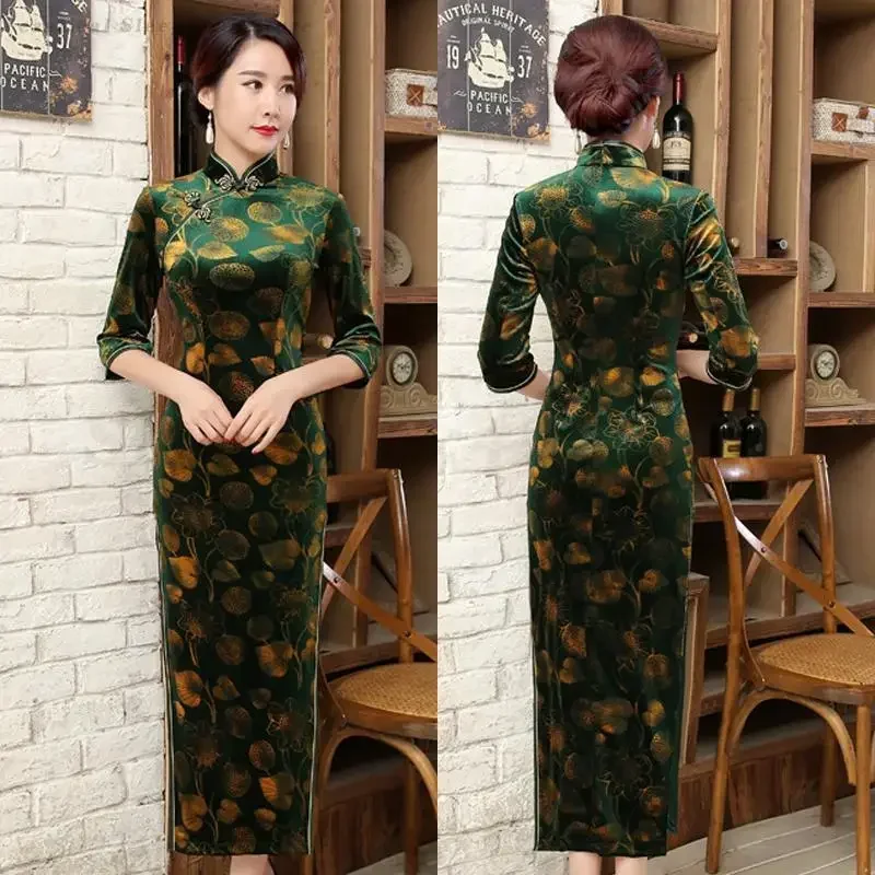 

Винтажное женское бархатное платье Ципао с принтом, весенне-осеннее новое платье Cheongsam со средним рукавом, женское китайское вечернее свадебное платье S-3XL