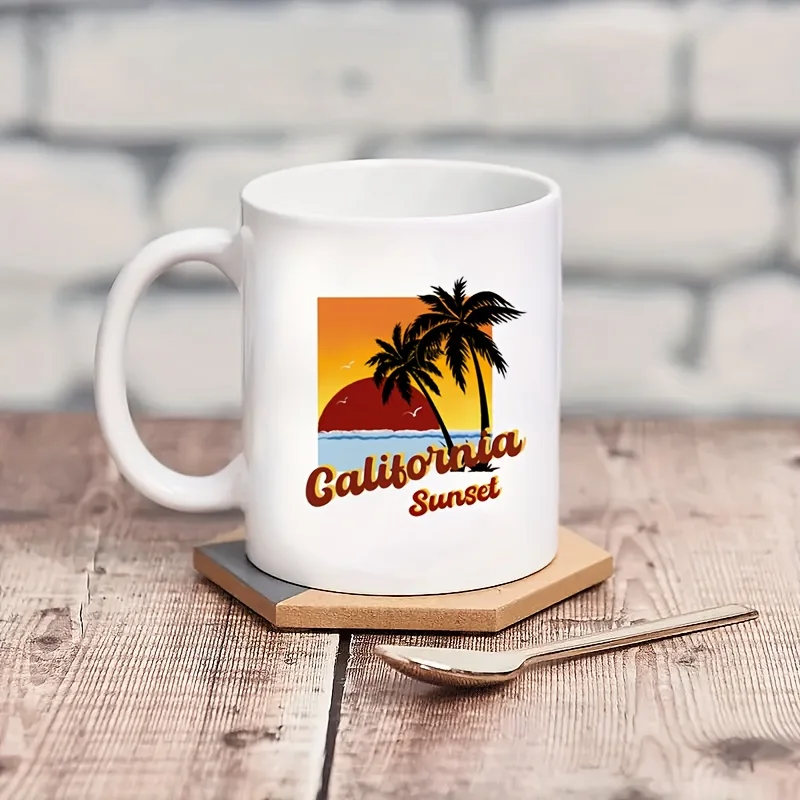 California Sunset Ceramic Mug - Tropical Beach Design, Perfect Gift for Coffee and Tea Lovers, Novelty Summer Present