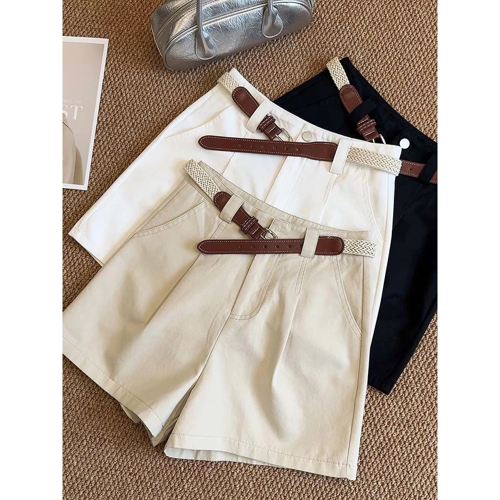 

Новое поступление 2025 года, женские летние мини-белые шорты с поясом, сексуальные белые брюки, широкие шорты с высокой талией, женская модная одежда