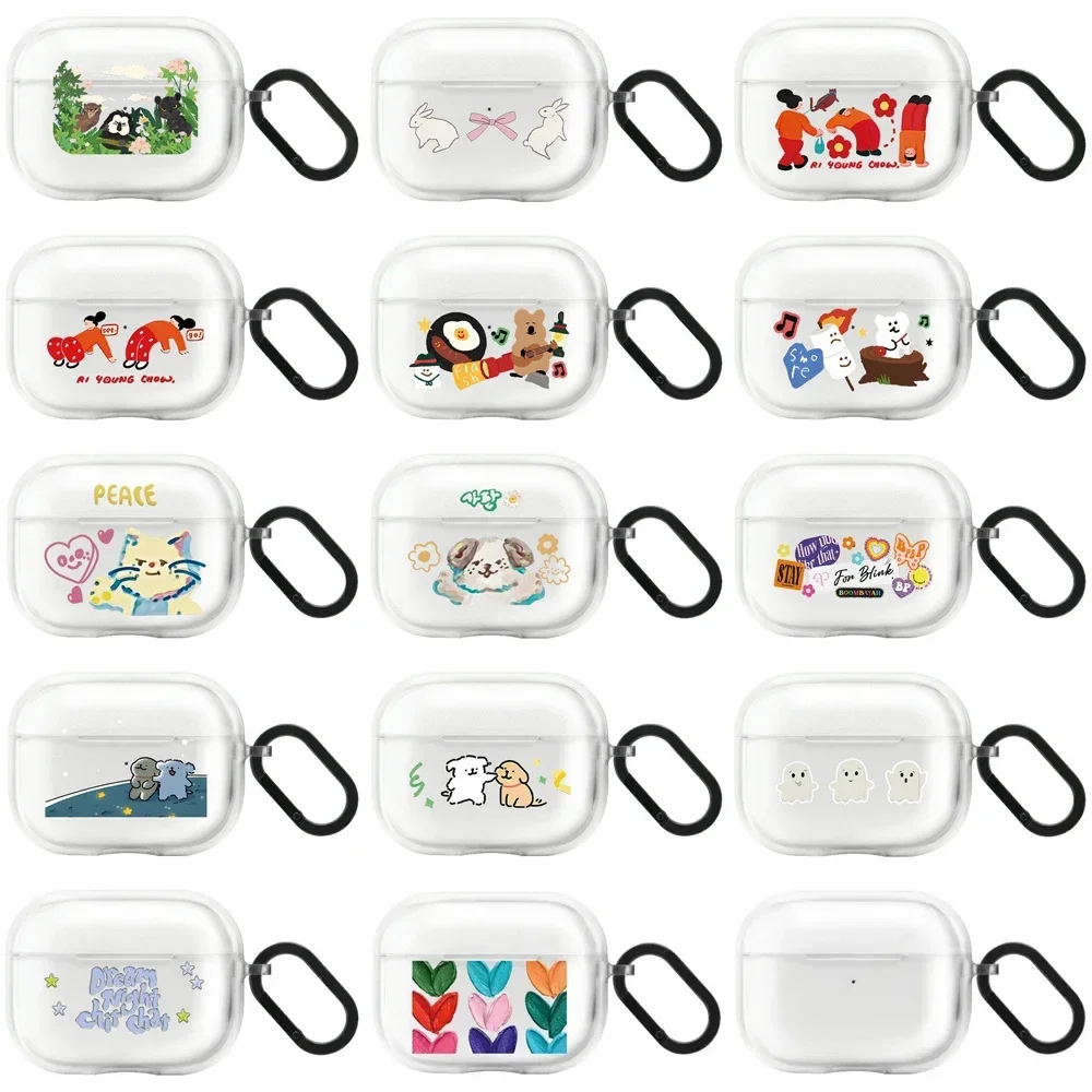 

Cartoon Transparent TPU Case for AirPods 1 2 3 4 Pro Pro2 Earbuds Case Cover with Hook