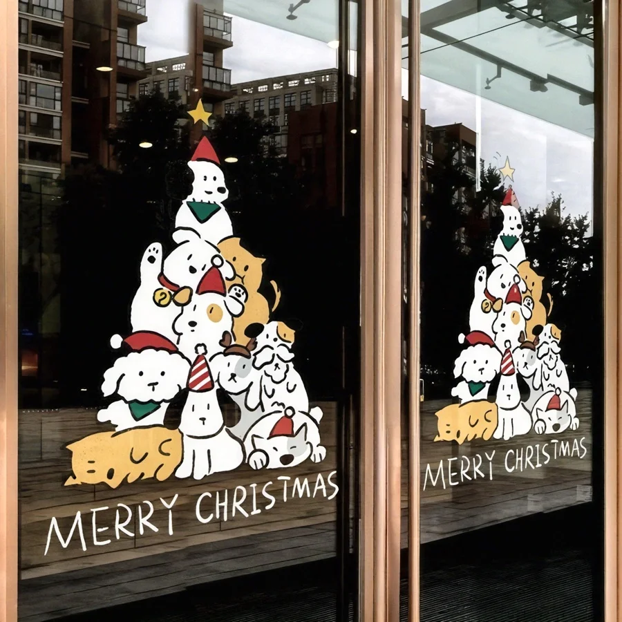 1Pcs Weihnachten Dekor Fenster Aufkleber Niedlichen Cartoon Hund Weihnachten Baum Glas Aufkleber Urlaub Partei Szene Dekorative Fenster Dekor