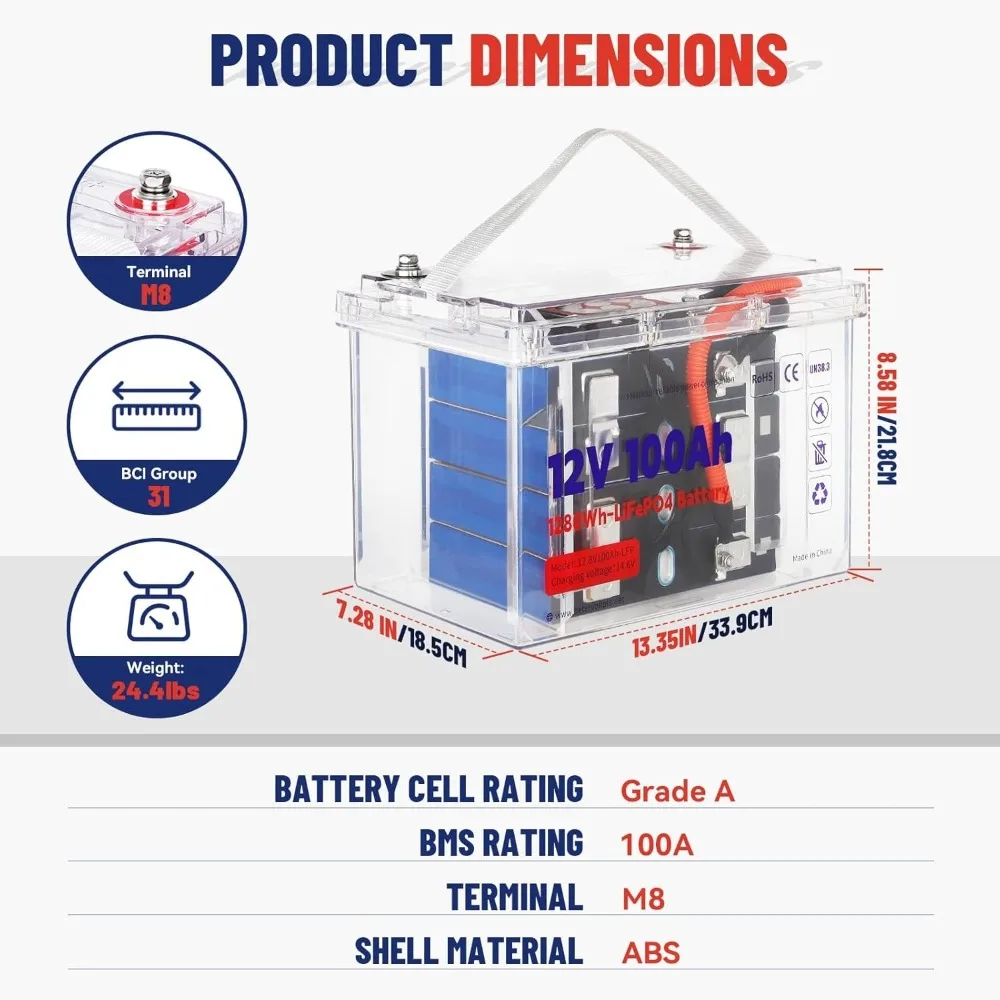 2 Pack 12V 100Ah Lithium LiFePO4 Battery, Rechargeable Battery with DALY Smart 100A BMS, 4000-15000+ Deep Cycles