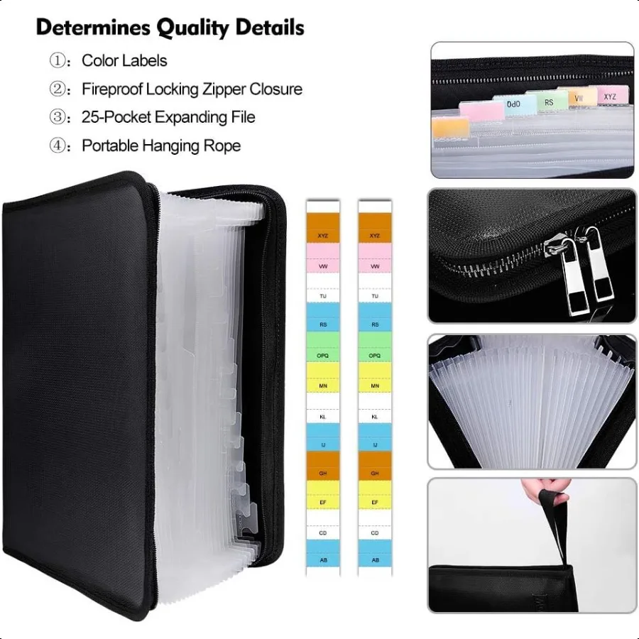 توسيع مجلد الملفات منظم المستندات المهمة حقيبة مستندات مقاومة للحريق مقاس A4 25 جيوب ملصقات ملونة معطف سيليكون غير حكة