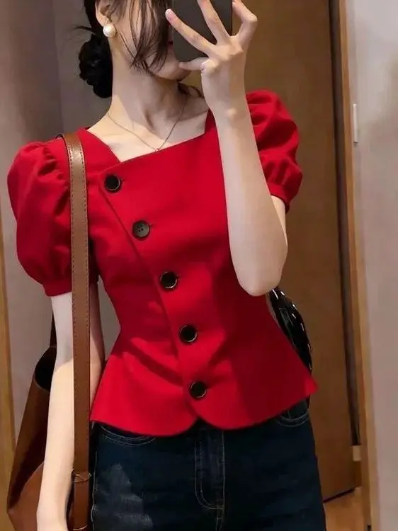 

Commute Simple Red Women's Short Sleeve Shirt Summer New Style Elegant Versatile Basic High-End Feeling Small Top Breathable