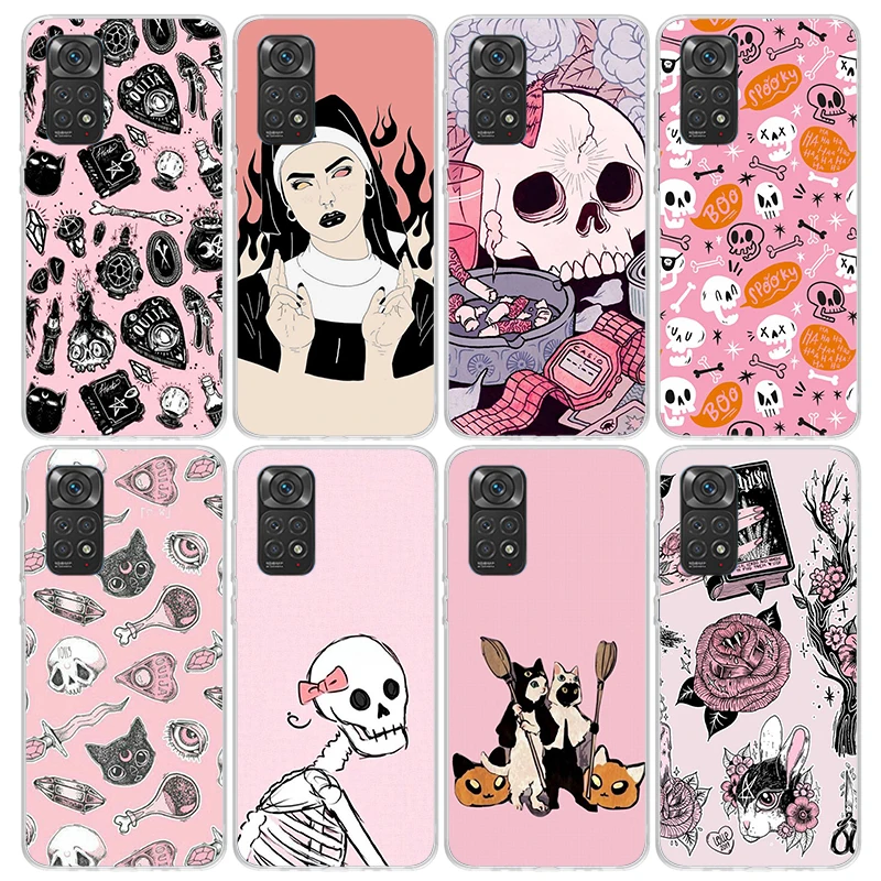 Pink Cat Skull Sorceress Witch Phone Case for Xiaomi Redmi Note 13 12S 12 11S 11 11E 11T 10S 10 Pro Plus 9 9S 8 8T 7 5G Soft Cov