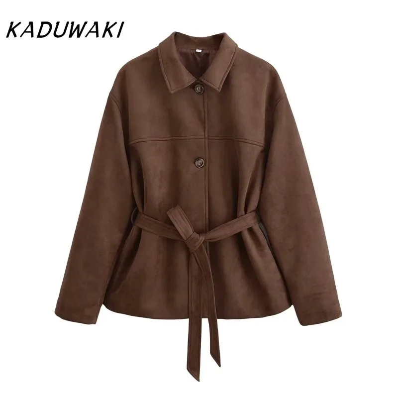 KADUWAKI Women's Faux Suede Loose Jacket Casual Lady Long Sleeve Coat Front Button Female Outerwear Chic Tops