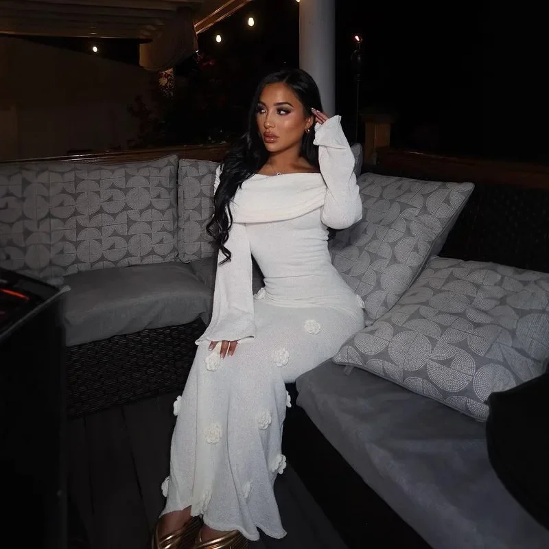 Elegancka sukienka maxi z odkrytymi ramionami, kwiatami 3D, dla kobiet, z długim rękawem, w jednolitym kolorze, dopasowana, na imprezę, do klubu, na wieczór, na studniówkę.