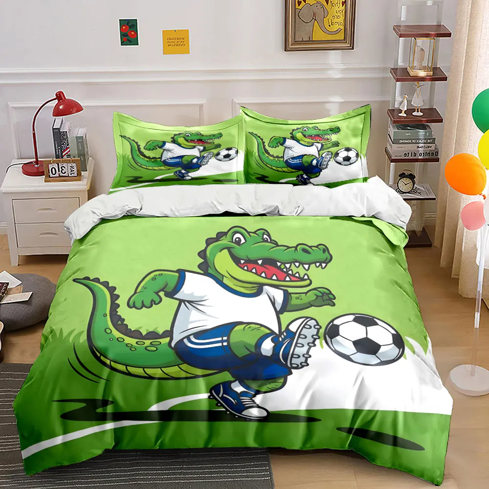 Cute Cartoon Crocodile Playing Football Bedding Set 3pcs, Green Animal Soccer Kid Print 1 Duvet Cover And 2 Pillowcase, Gift