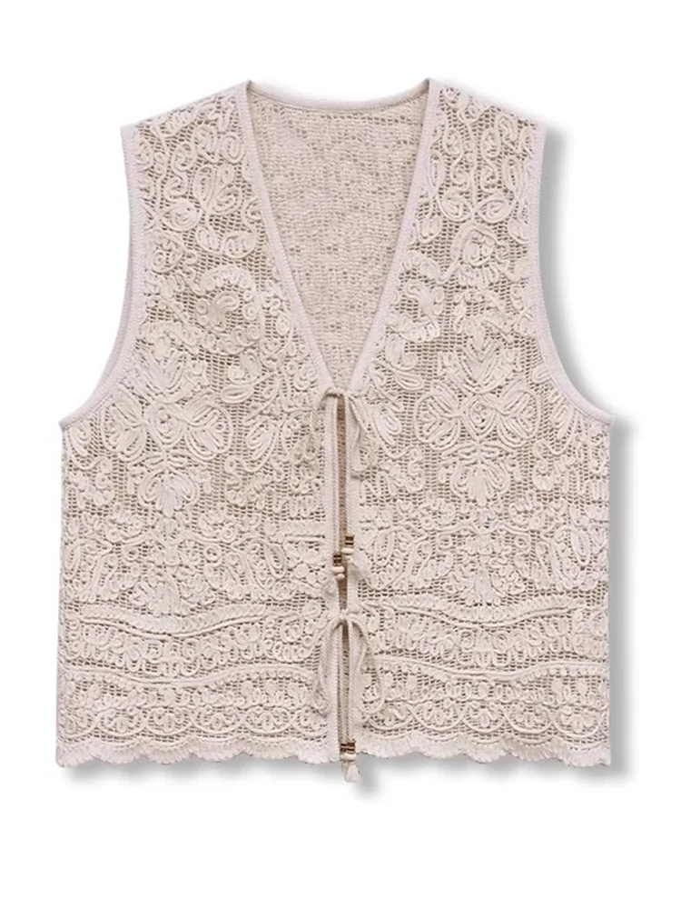 

Lace Knitted Vest Belted Svel Layering Summer 2025 Faion Sun Protection Women's Loose Fit V-Ne Pure Color Design