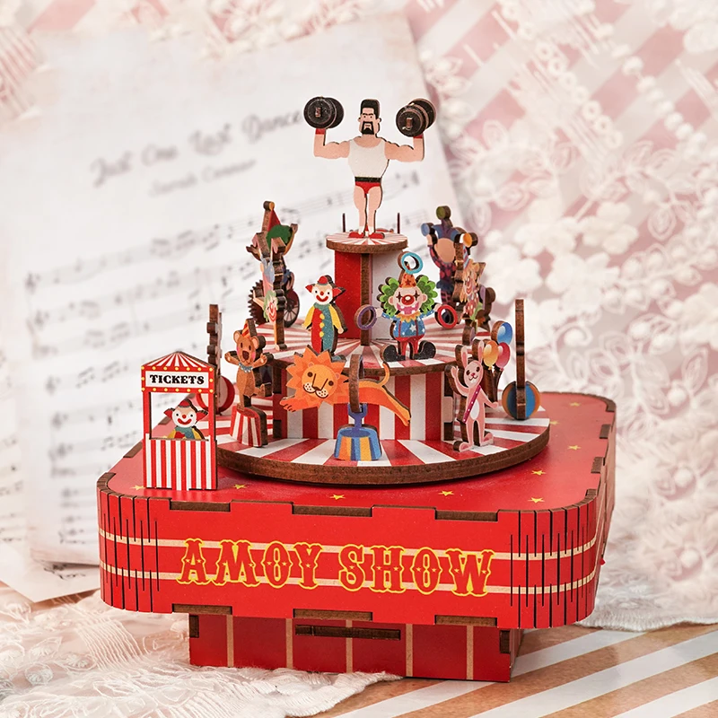 DIY 3D Wooden Circus Troupe Music Box Miniature Model Kits Jigsaw Puzzles Can Move for Children Birthday Gifts Home Decoration