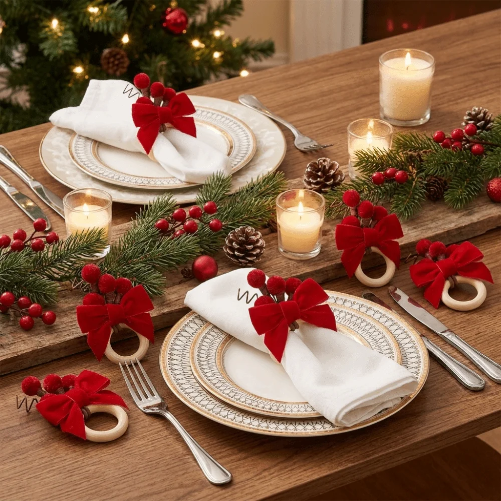 6PCS Fabric Craft Christmas Napkin Rings Pinecone Pine Needle Red Bow Napkin Rings Simulation Realistic