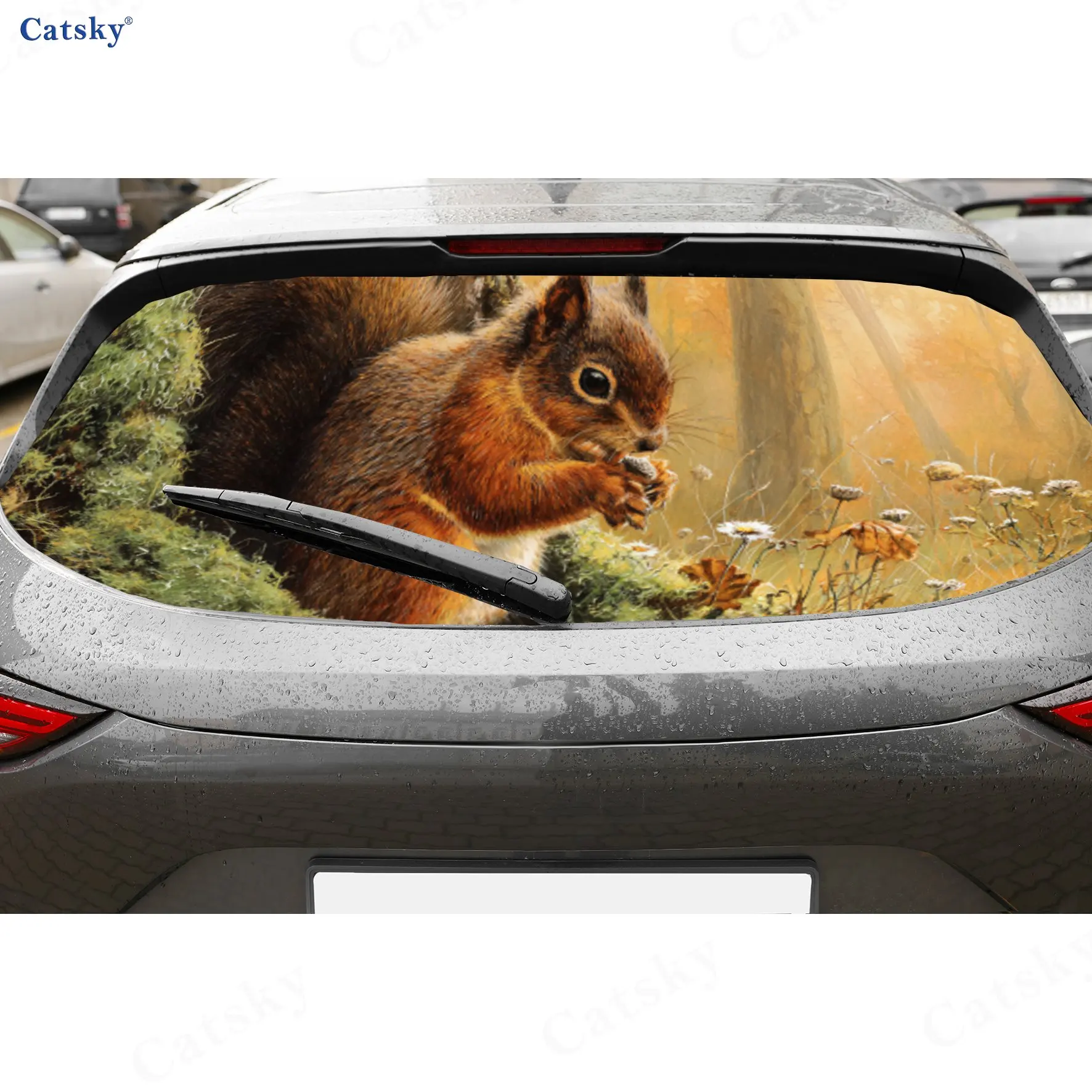 

Cute Squirrel Forest Majesty PVC Perforated Car Vinyl Wraps, Durable Car Rear Windshield Sticker, Waterproof Car Rear Window Dec