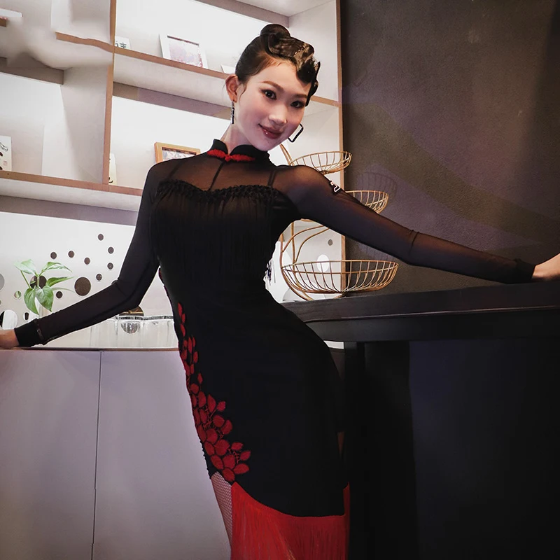 

Одежда для соревнований по классическим танцам, женское платье Cheongsam с вышивкой и кисточками, платье для латинских танцев, DN19954