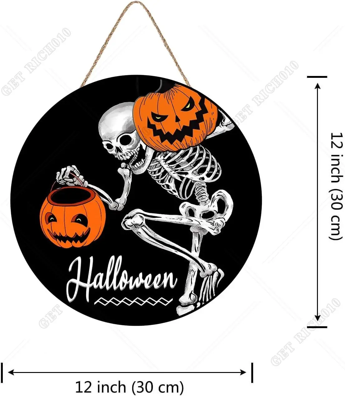 Halloween Skeleton Sign for Front Door Decor, Lantern Skull Wood Door Hanger for Outdoor Outside Porch, Funny Wooden 12in