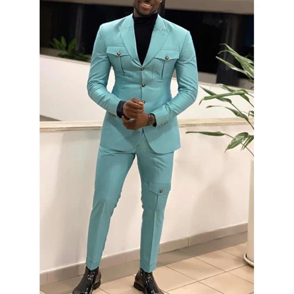 

Handsome Blue Suits for Men Single Breasted 2 Pieces Jacket Pants Blazers Sets Smart Banquet Party Singer Office Male Clothing