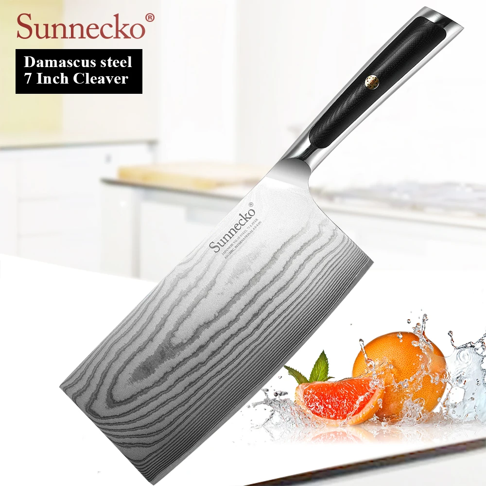 SUNNECKO 7'' Chopping Cleaver Knife VG10 Damascus Steel 73 Layers Slicing Cutting Kitchen Chef Meat Butcher Gift Box Accessory