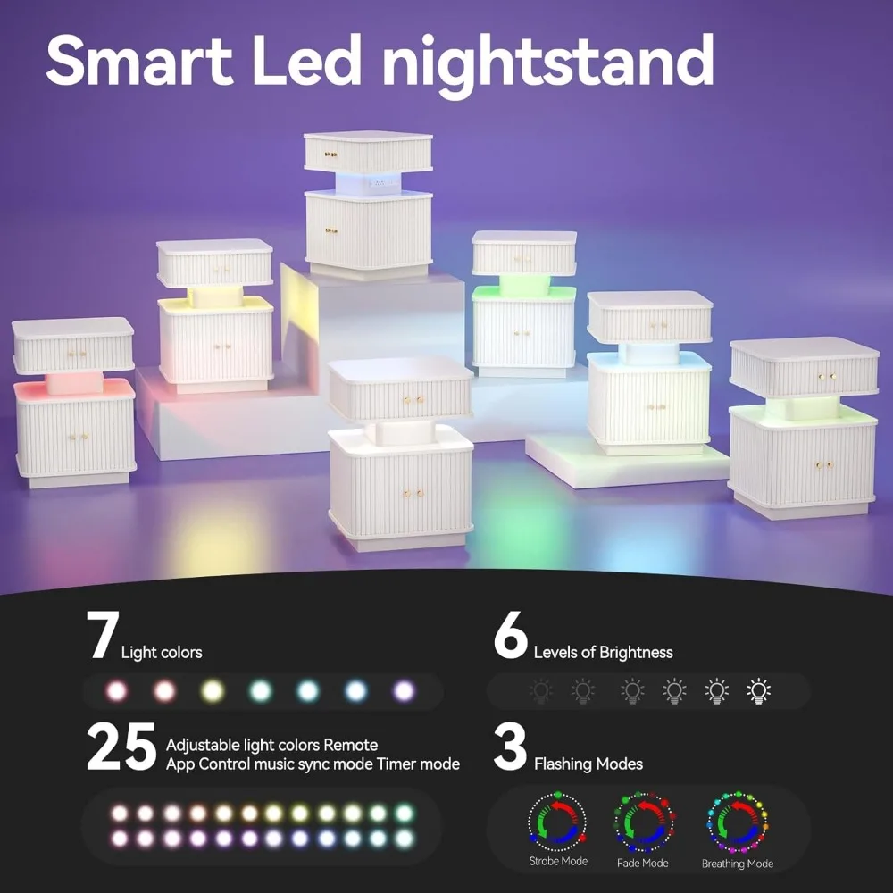 Contemporary 2-Drawer Nightstand with LED Lighting and Charging Port, Sliding Door Design