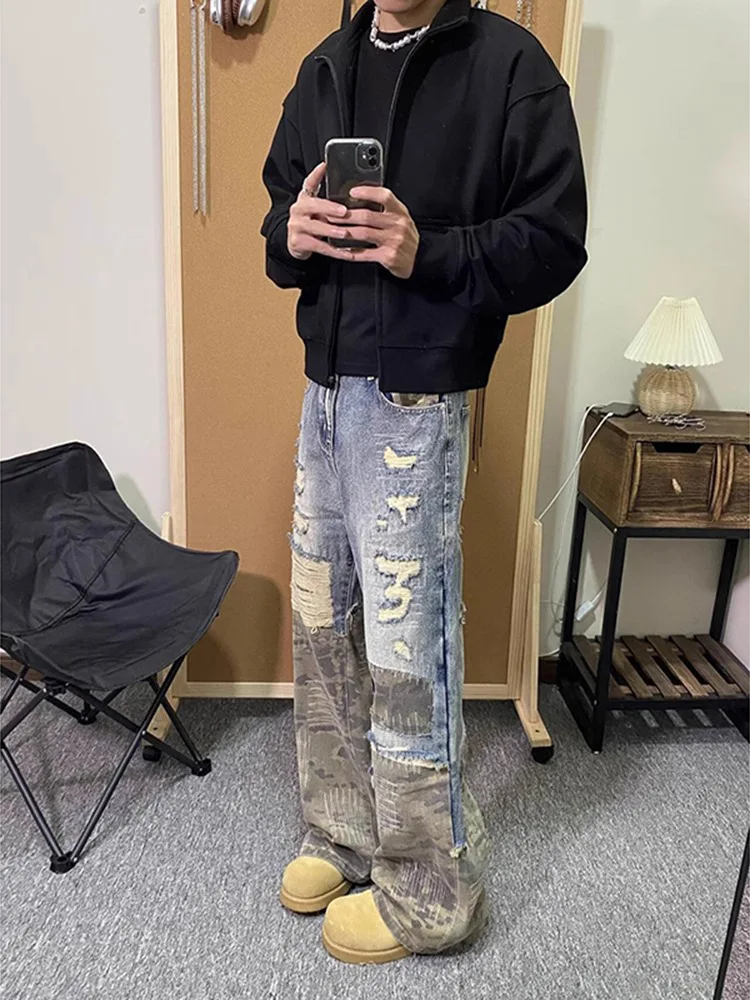 

Мужские джинсы American Sle в винтажном стиле с камуфляжными вставками, свободные, широкие, слегка расклешенные, длинные брюки, модные повседневные джинсы от трендового бренда