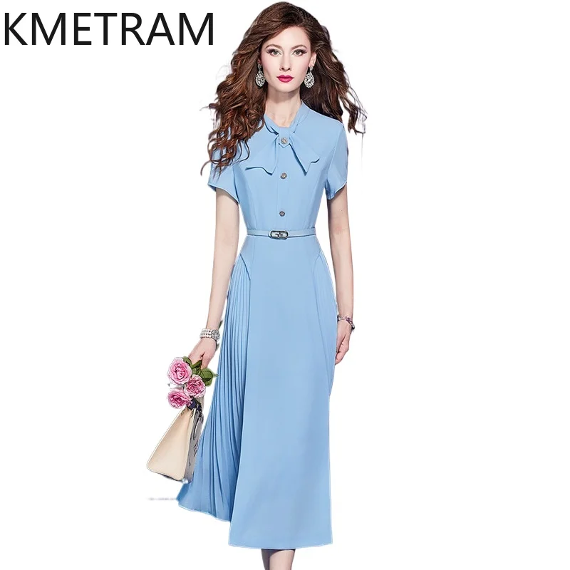 KMETRAM Elegant Blue Shirt Dresses for Women French Style Short Sleeve Midi Dress Summer Casual Frocks Woman Clothes 2026 원피스