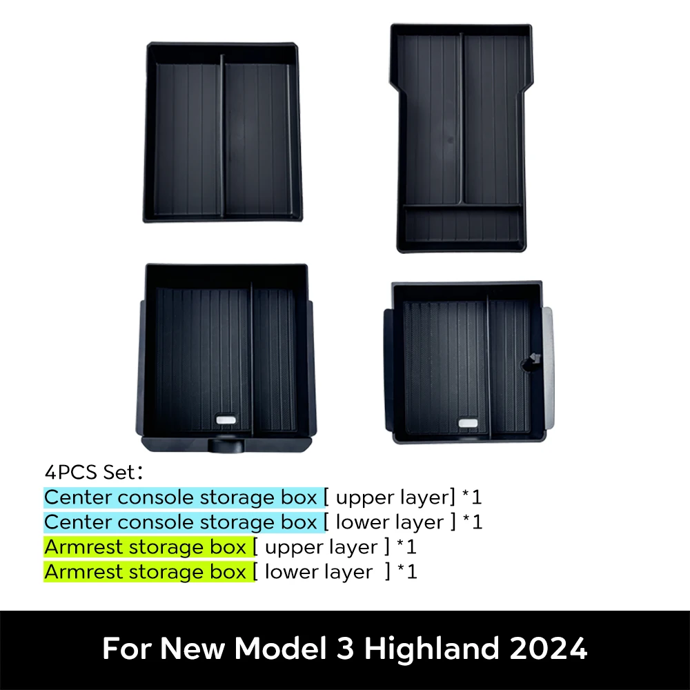 

For Tesla New Model 3 HIGHLAND 2024 2025 2026 Center Console Storage Armrest Storage Box Upper&Lower Flocking Accessories New