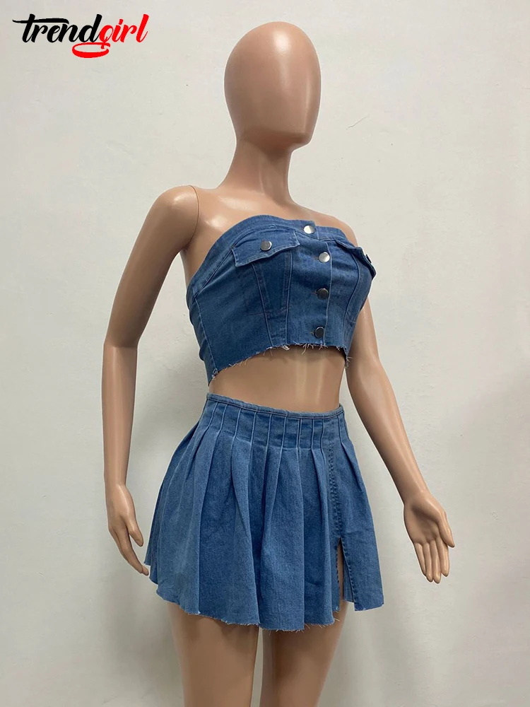 Mlaiscsr Elegant Blue Denim Two 2 Piece Sets Women Sleeveless Tube Strapless Tops and Mini Pleated Skirt Birthday Jean Outfits