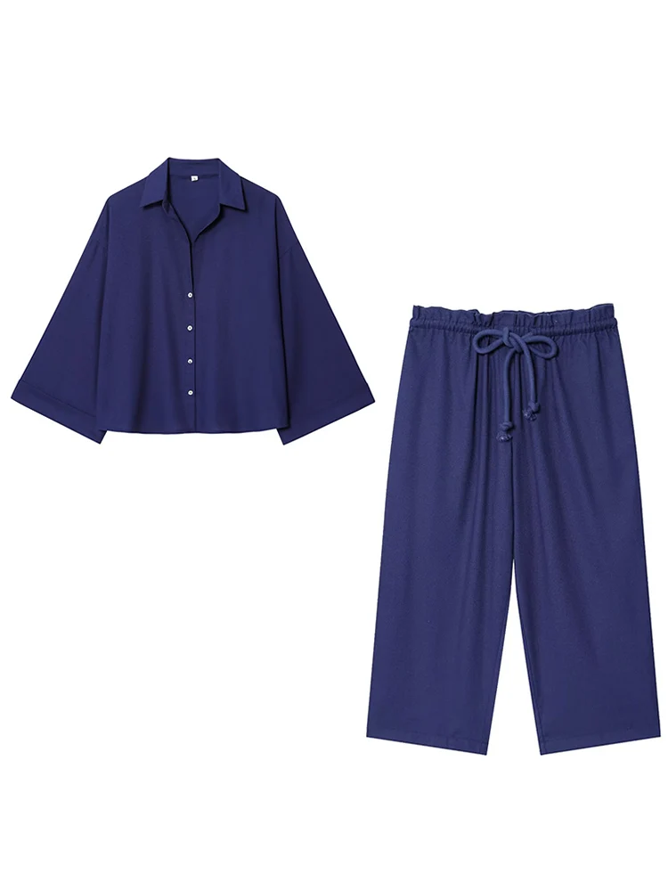 

TFMLN Женский комплект рубашки с лацканами и высокой талией, широкие женские брюки, комплект 2025 г., повседневный однобортный женский свободный костюм с длинными рукавами ﻿