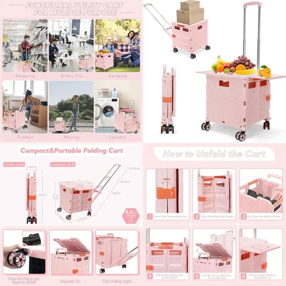 

Adjustable Rolling Cart with Telescoping Handle and Rotating Wheels for Shopping and Office Supplies (Pink)