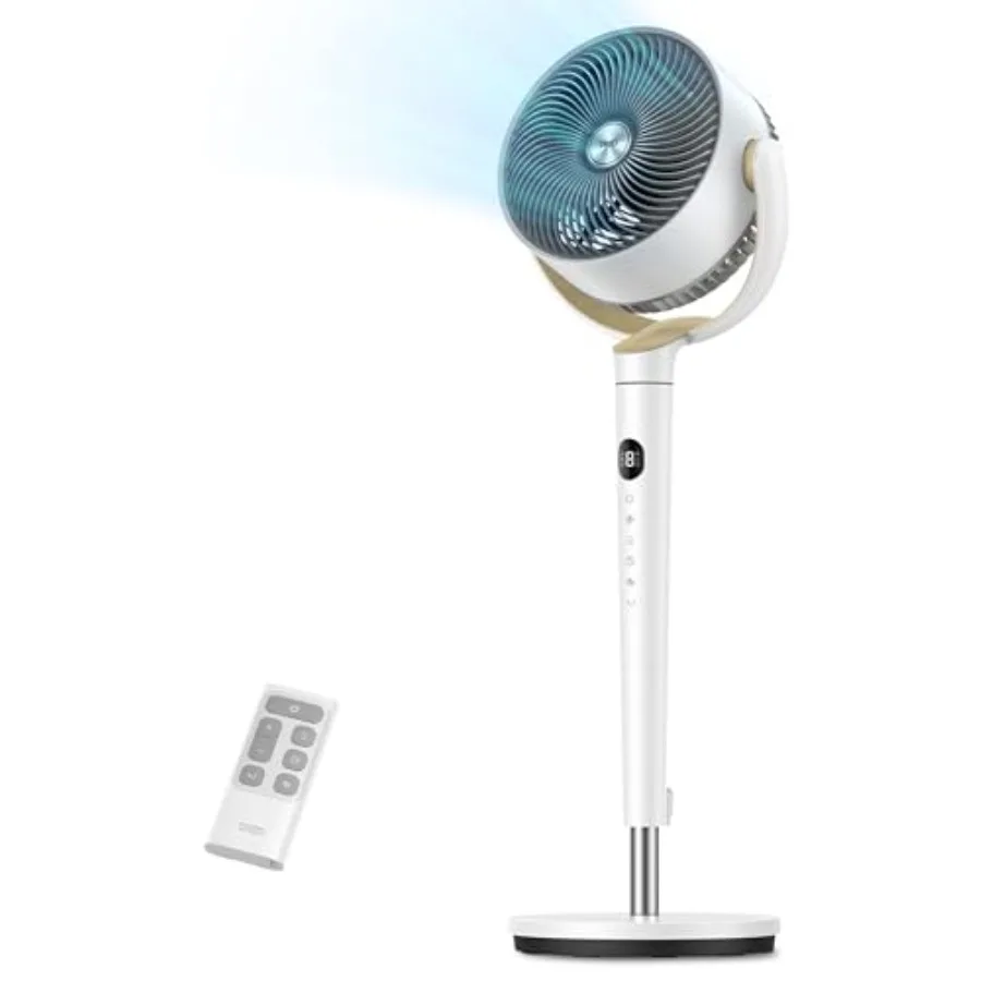 

Напольный вентилятор для спальни 120 см, осциллирующий, с двигателем постоянного тока, 9 скоростей, 4 режима, бесшумная работа 20 дБ, ручное управление, вертикальное положение 37-42 см, регулируемая высота.