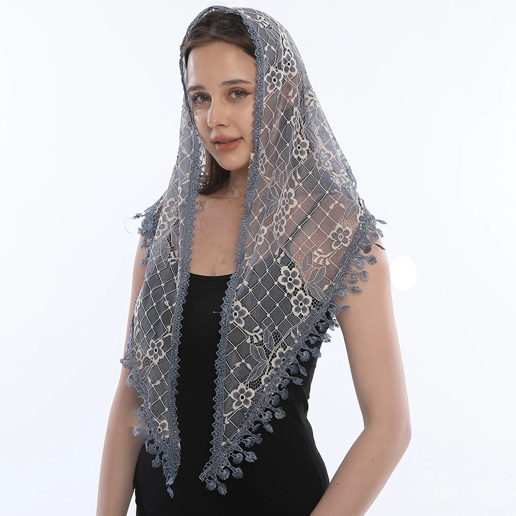 Embroidered Triangle Lace Scarf for Church Shawl Spanish Mantilla Catholic Veil Church Scarf for Women Handkerchief Black White