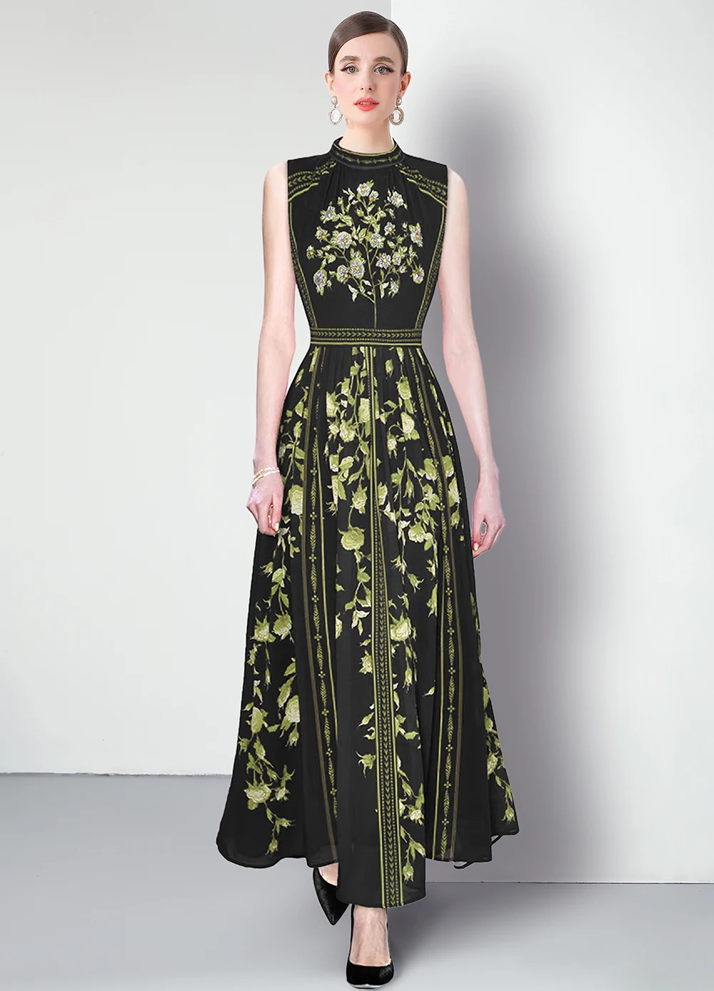 ضرب فساتين الطباعة الملونة للنساء جولة الرقبة أكمام عالية الخصر فستان طويل ماكسي الإناث الصيف أزياء نمط جديد