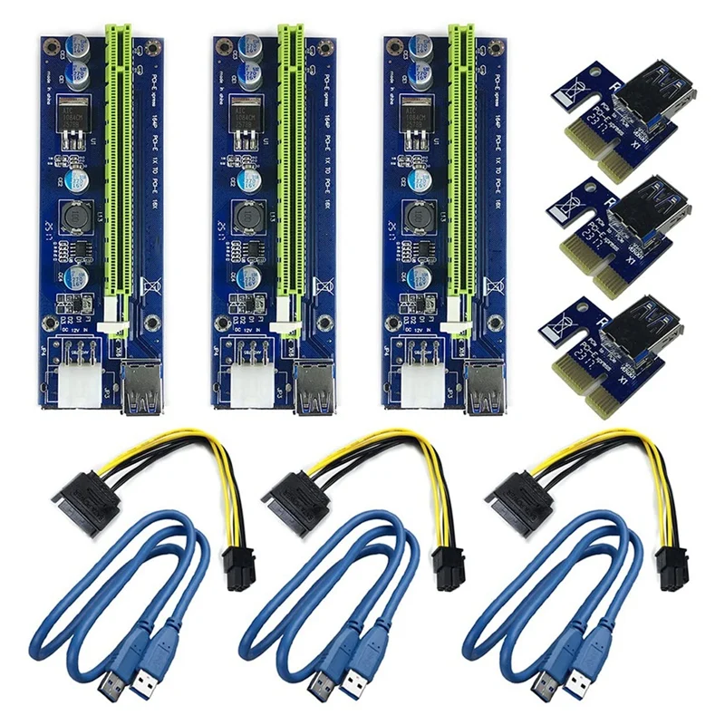 Aprimorado Cartão Riser alimentado, cabo adaptador VER009S azul, PCI-E 1X a 16X, 3pcs