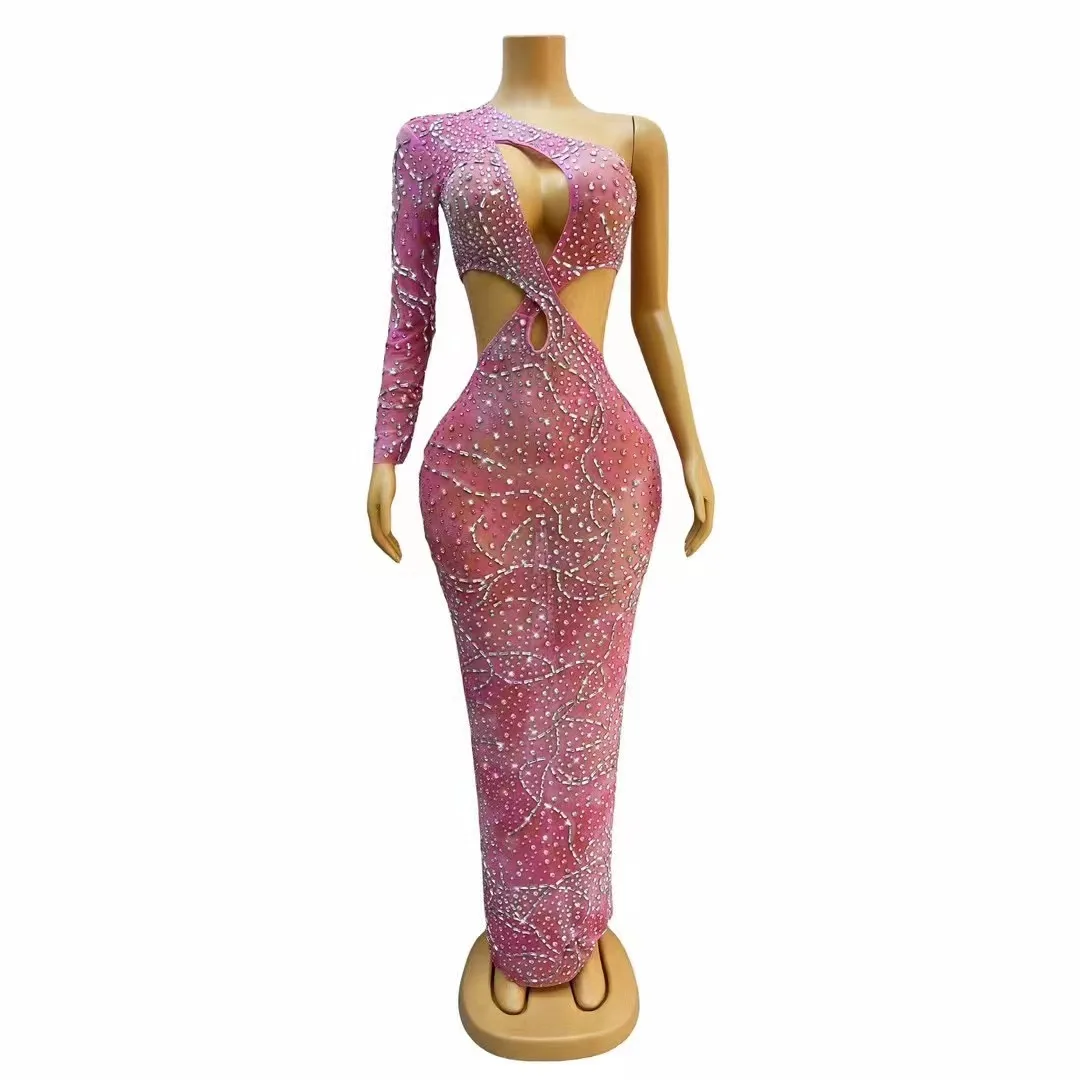 

Flashing Evening Birthday Celebrate Pink Rhinestones Hollow Waist Transparent Dress Costume Sexy Fancy Outfit sirong