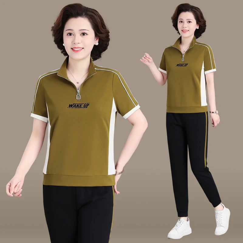 

New Summer ort Sve T-irt Casual Sportswear Set for Middle-Aged Women Comfortable Loose Fit Thin Material Mom Summer Ou...