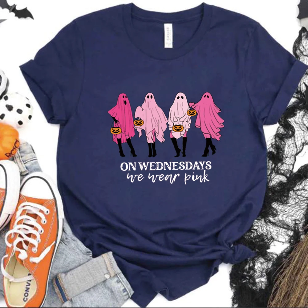 On Wednesday We Wear Pink Ghost T Shirt Mean Girls Ghost Tshirt Pink Ghost Tee Retro Halloween Tops Unisex Short Sleeve Shirts