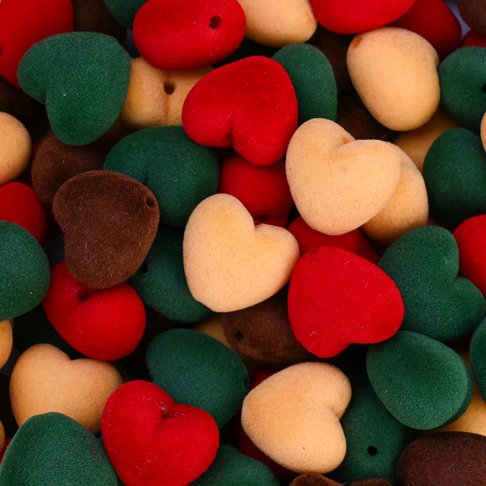 10Pcs 19×21mm Flocked Acrylic Heart Beads Xmas Velvet Mixed Tones for Bracelet Keychain Bag Charm Valentine Holiday DIY Jewelry