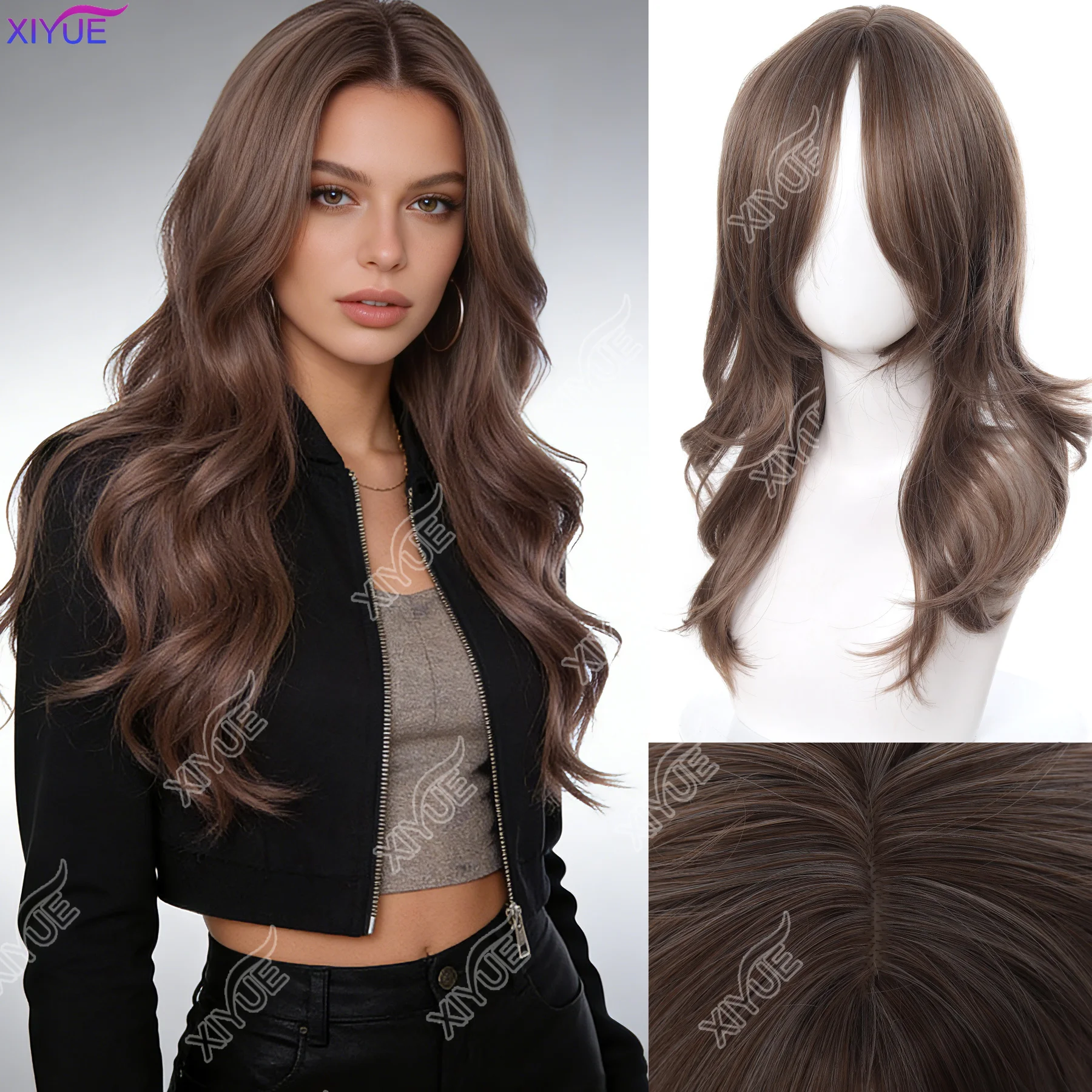 

XIYUE Ashely Black Wig Female Headband Body Wavy Синтетические парики для женщин Коричневый Ombre Волнистый многослойный парик из волос с челкой 가발