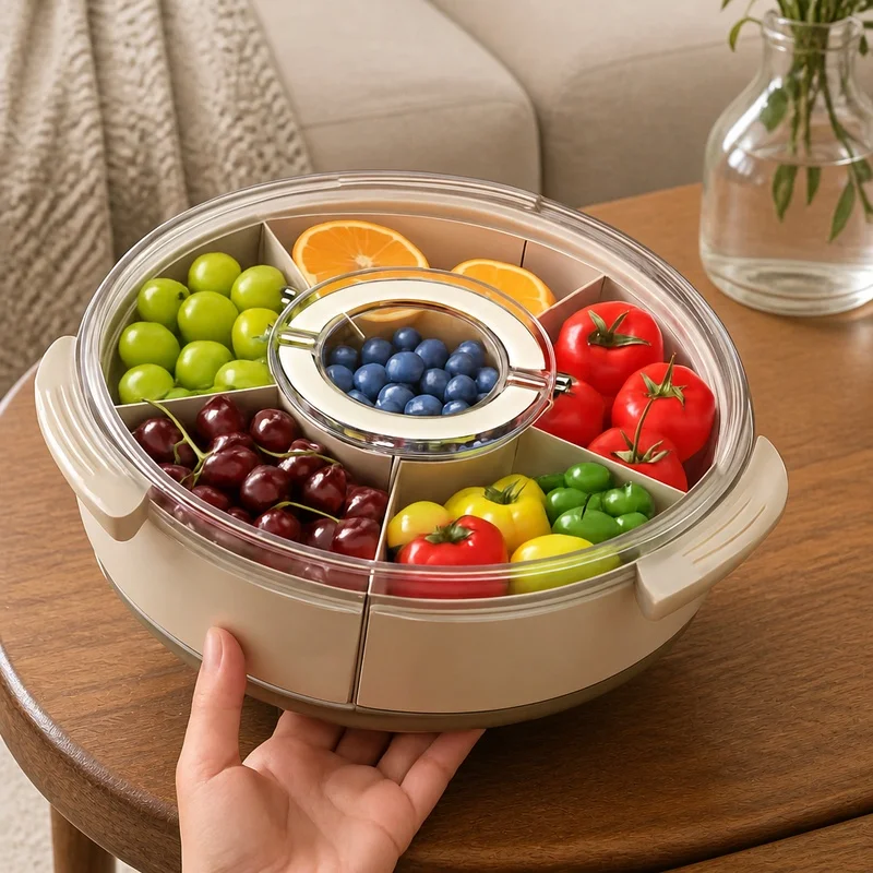Rotating Transparent Snack Tray with Handle and Lid, Divided Storage for Fruits, Veggies, and Party Bites