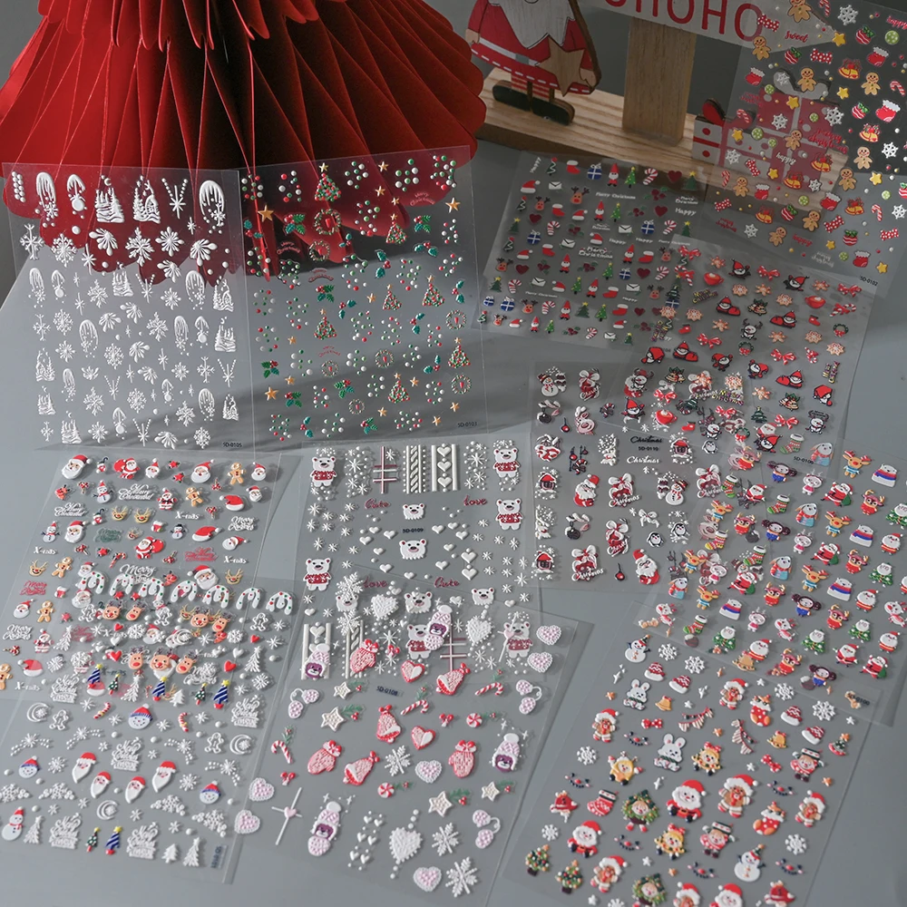 Novo 5d alívio natal etiqueta do prego 2025 dos desenhos animados azevinho bola colorida árvore de natal suprimentos de unhas decalques dly natal accessor do prego