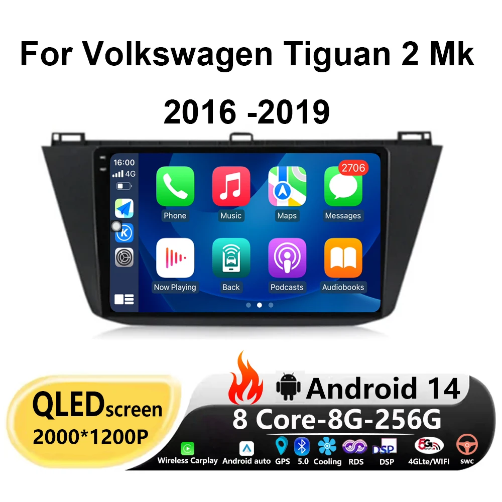 

10'' For Volkswagen Tiguan 2 Mk 2016 2017 2018 2019 Android 14 Car Radio Stereo Multimedia Video Navigation Carplay Auto WIFI BT