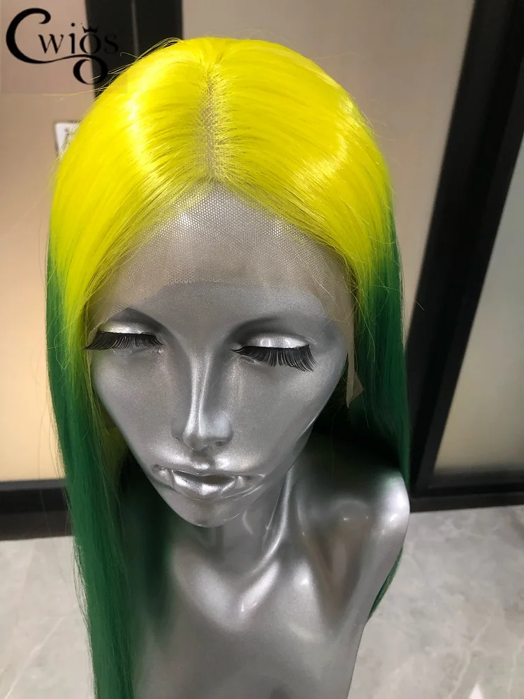 CWIGS Ombre Green Yellow Long Straight Synthetic Wig Lace Front Transparent Glueless 180 Density For Women Drag Queen Cosplay